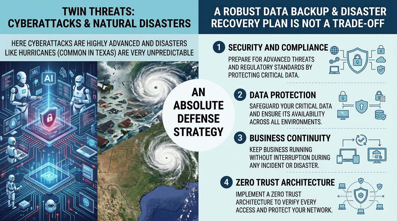 Where cyberattacks have gone to the extent of sophistication and disasters like hurricanes (common in Texas) are pretty unpredictable, a robust data backup and disaster recovery plan is not a trade-off.